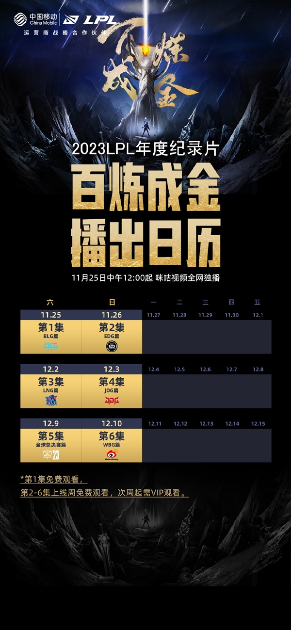 《英雄联盟》LPL《百炼成金》年度纪录片11月25日开播：BLG首集免费看